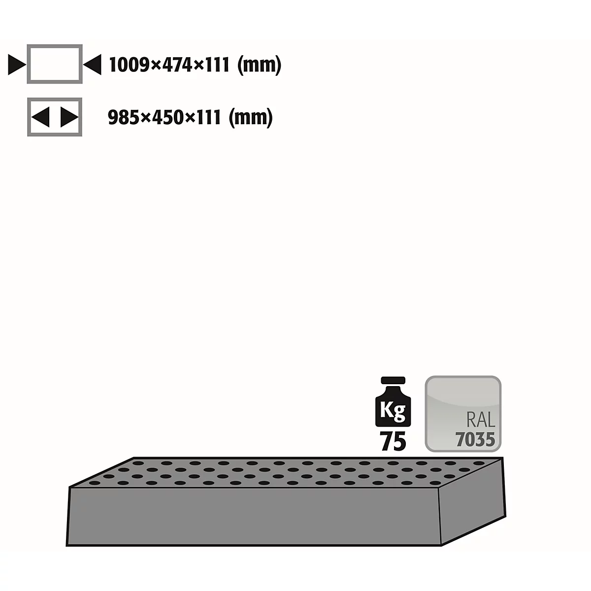 Insert en tôle perforée Norme pour les armoires de sécurité asecos des séries Q30, Q90 et S90, en tôle d'acier, gris clair, L 1009 x P 474 x H 111 mm, jusqu'à 75 kg