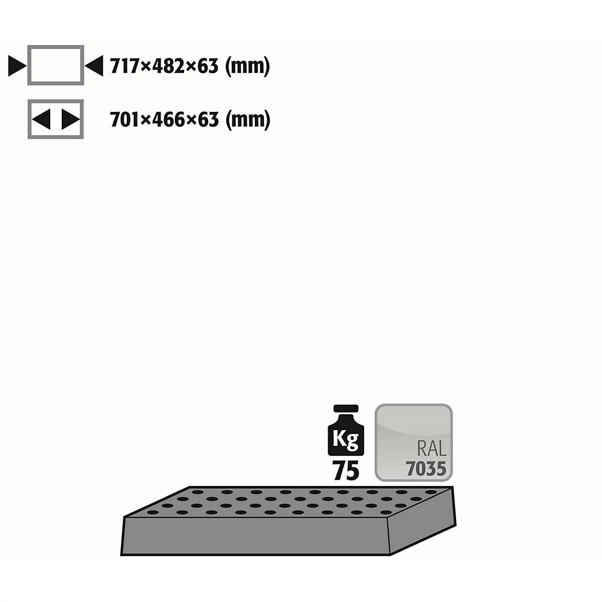 Insert en tôle perforée Norme pour les armoires de sécurité asecos des séries Q30, Q90 et S90, en tôle d'acier, gris clair, L 717 x P 482 x H 63 mm, jusqu'à 75 kg