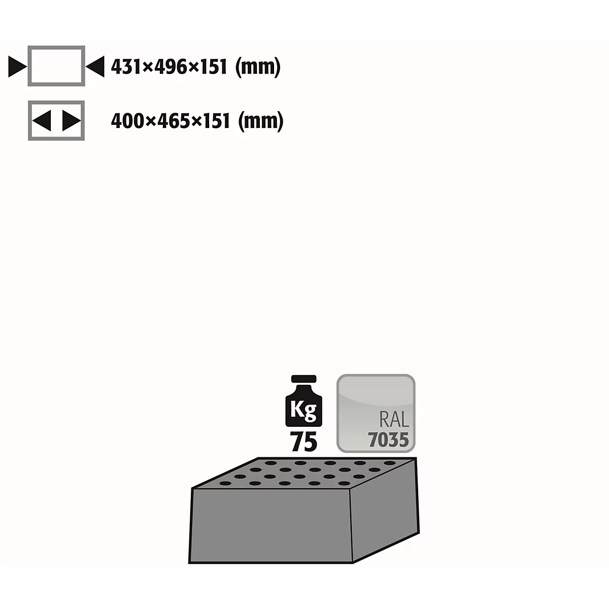Insert en tôle perforée Norme pour les armoires de sécurité asecos des séries Q30, Q90, S90 et K90, en tôle d'acier, gris clair, L 431 x P 496 x H 151 mm, jusqu'à 75 kg