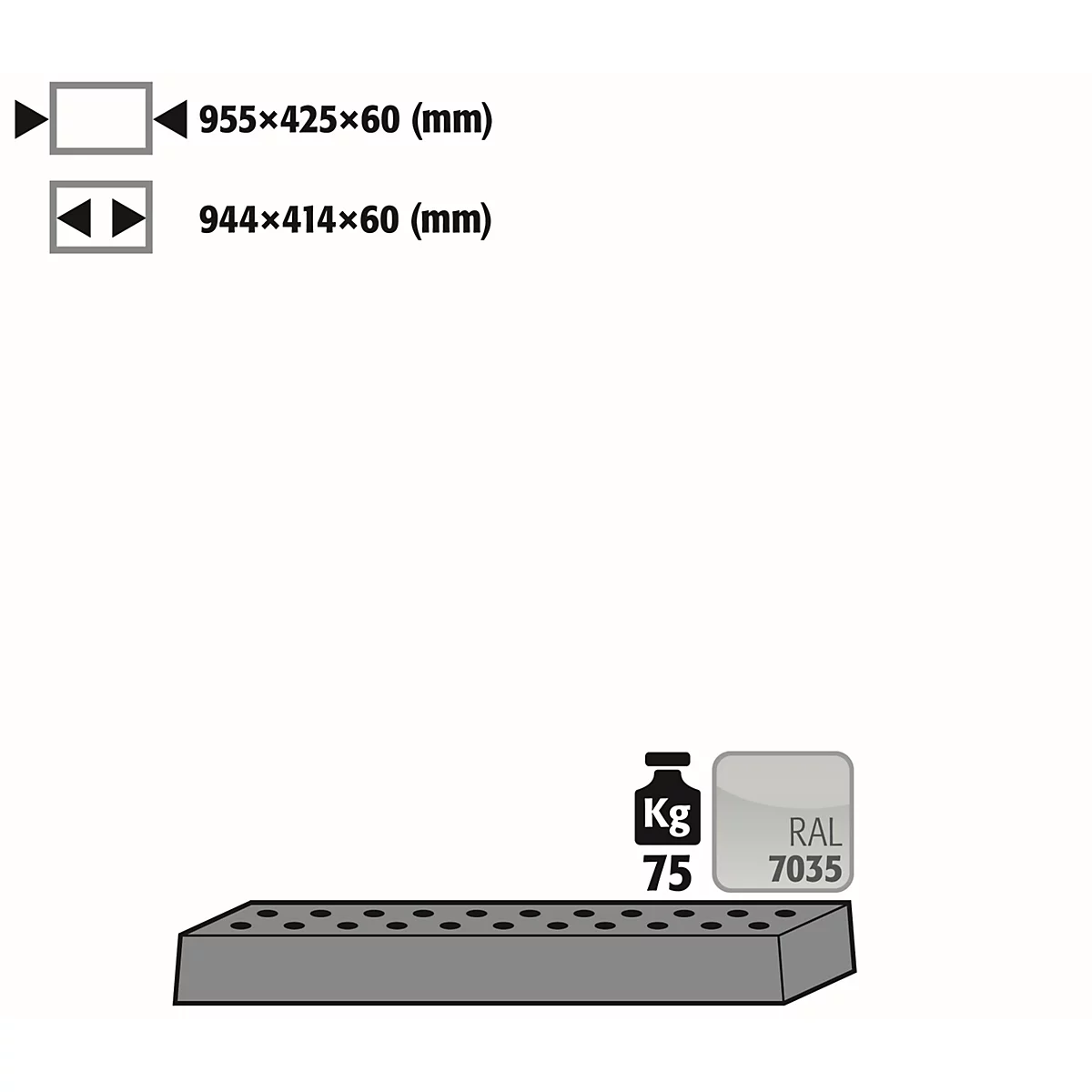 Insert en tôle perforée Norme pour les armoires de sécurité asecos des séries UB90 et UB30, en tôle d'acier, gris clair, L 955 x P 425 x H 60 mm, jusqu'à 75 kg