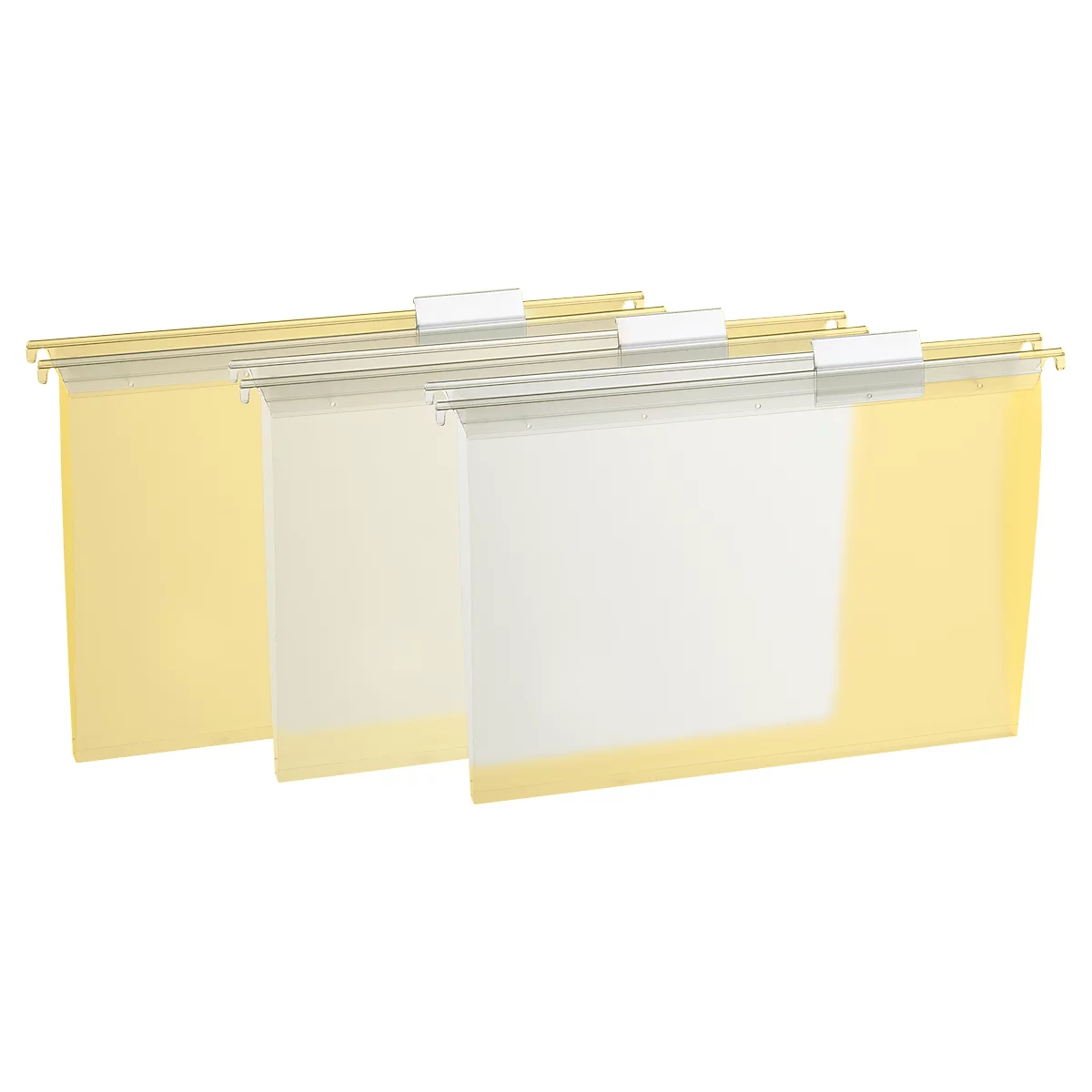Three yellow hanging folders with white labels, arranged in a row.