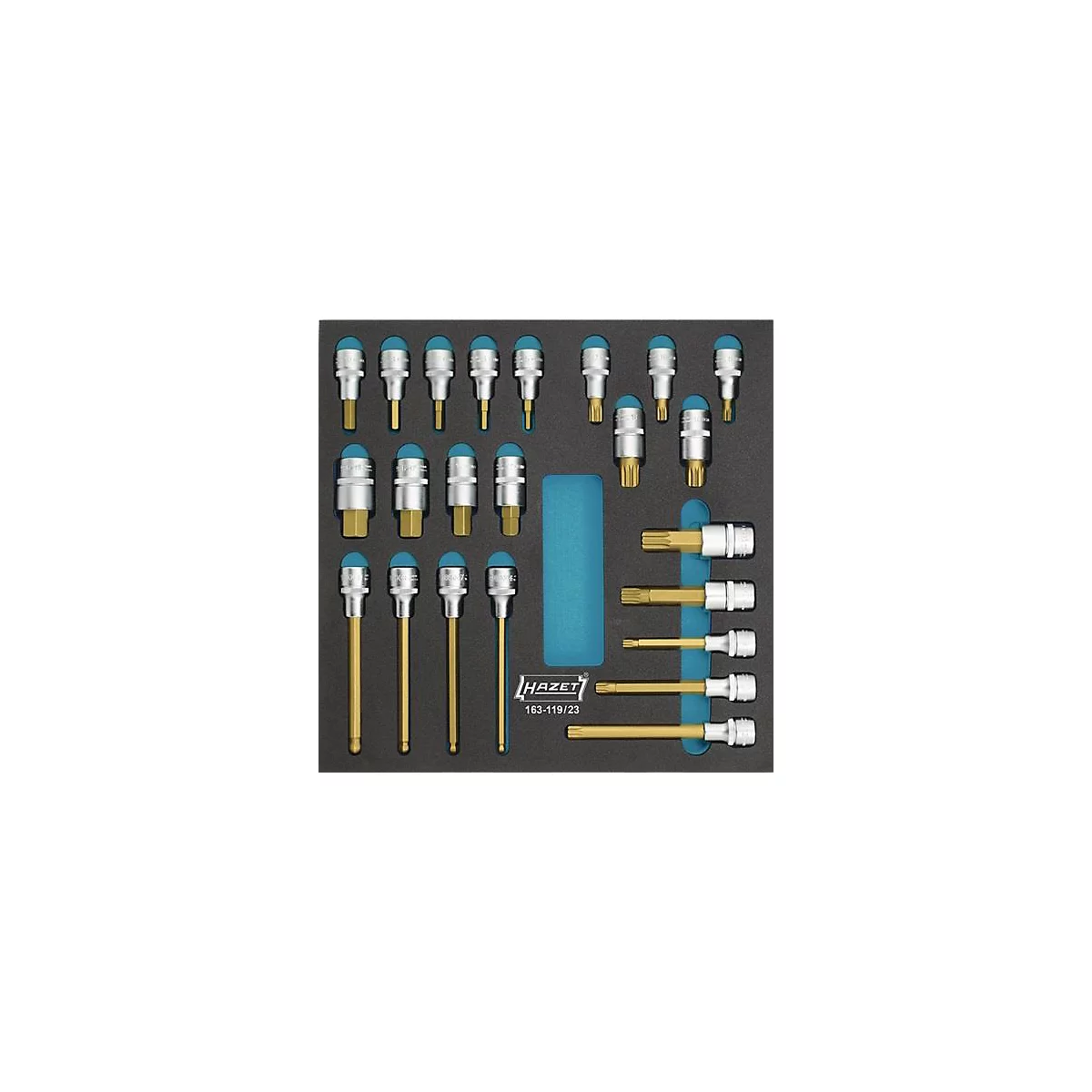 Boîte à outils avec divers tournevis, pointes dorées, têtes bleues et manches métalliques.