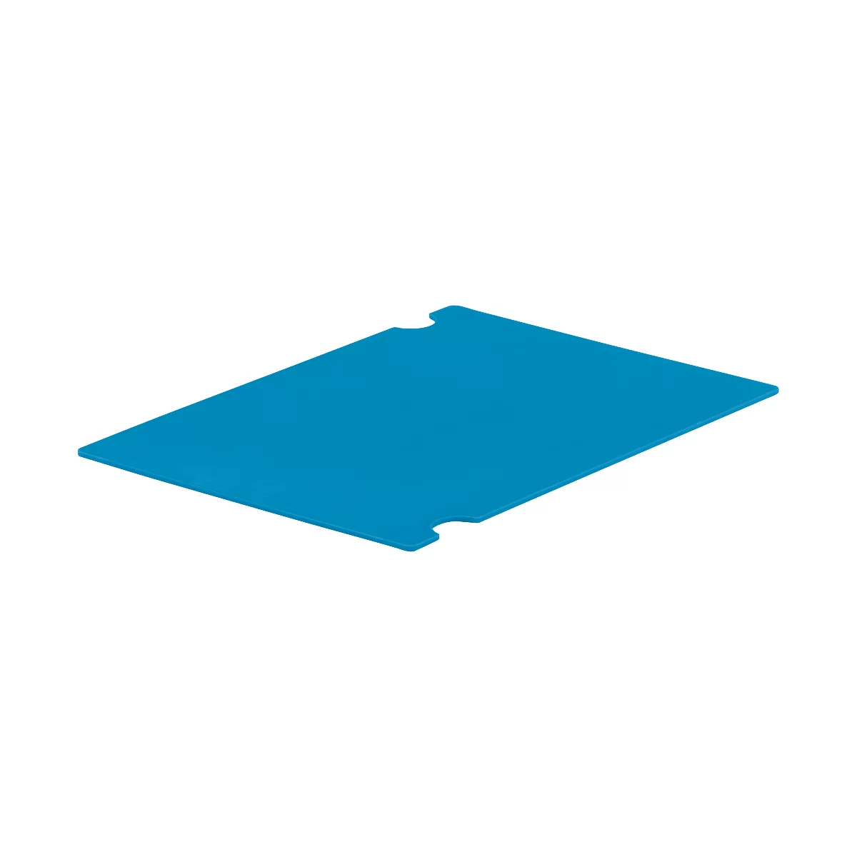 A bright blue rectangular object with rounded corners and two cutouts on the short sides.