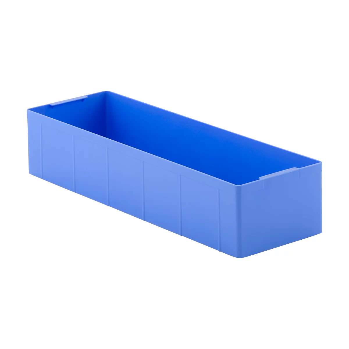Blue plastic box. Rectangular, open, with vertical struts.
