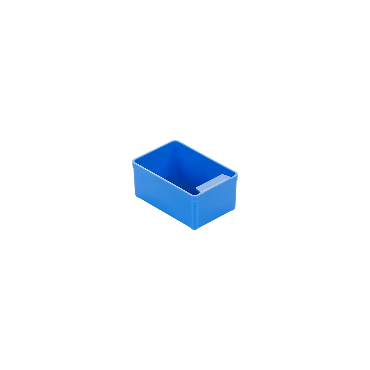 Blue rectangular plastic box with a recess on the side.