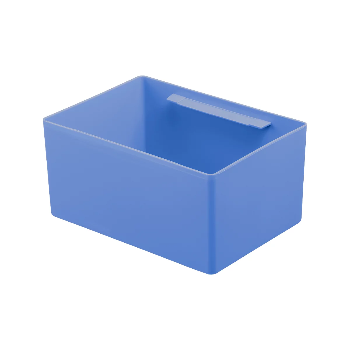 Blue, rectangular storage box with a handle.