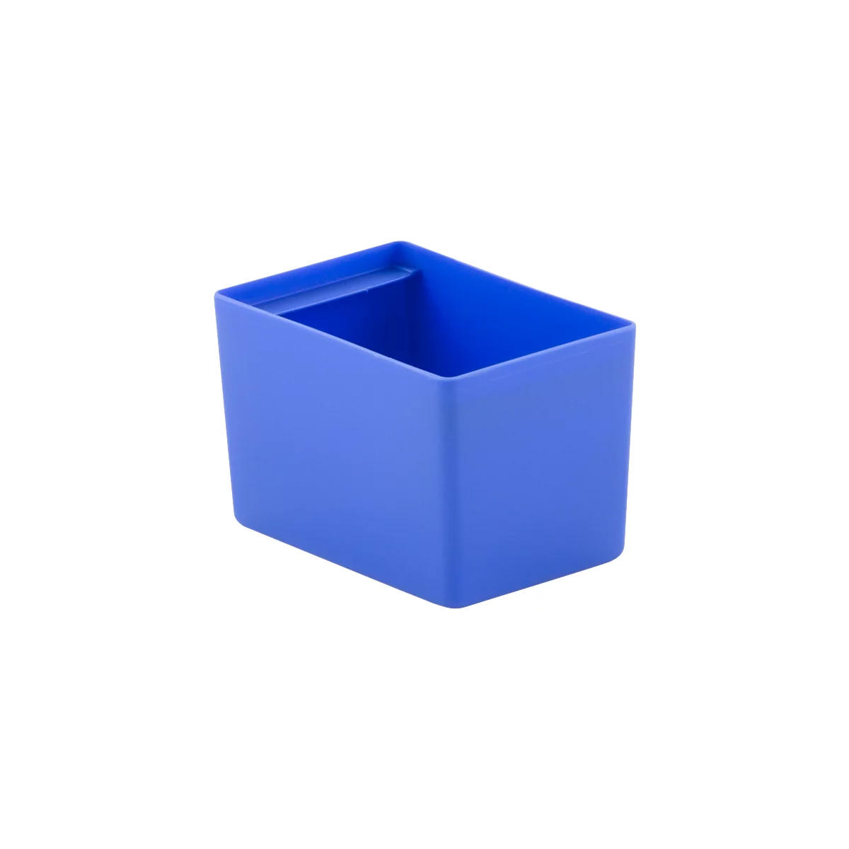 Blue, rectangular storage box with a divider.
