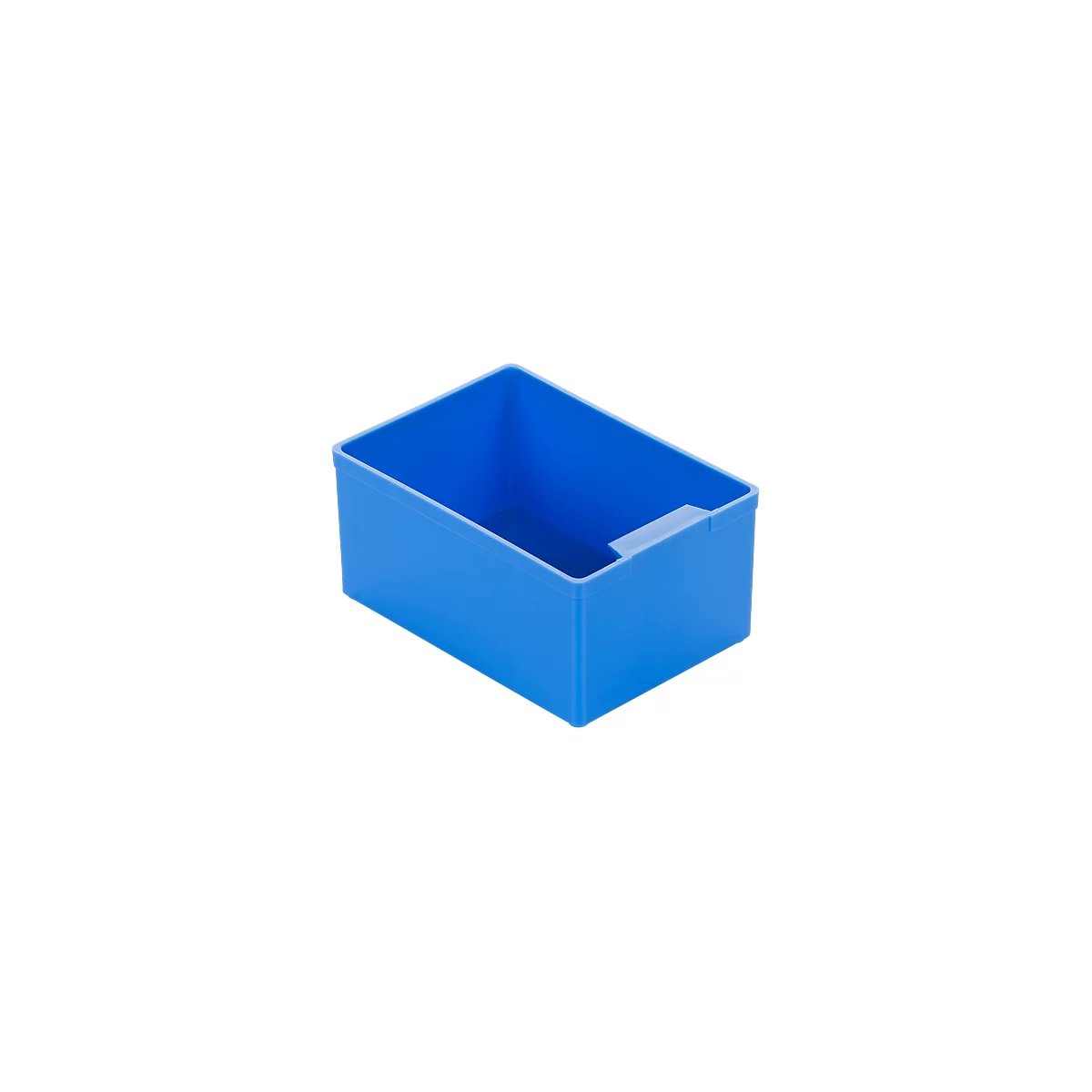 Blue, rectangular storage box with a recess on one side.