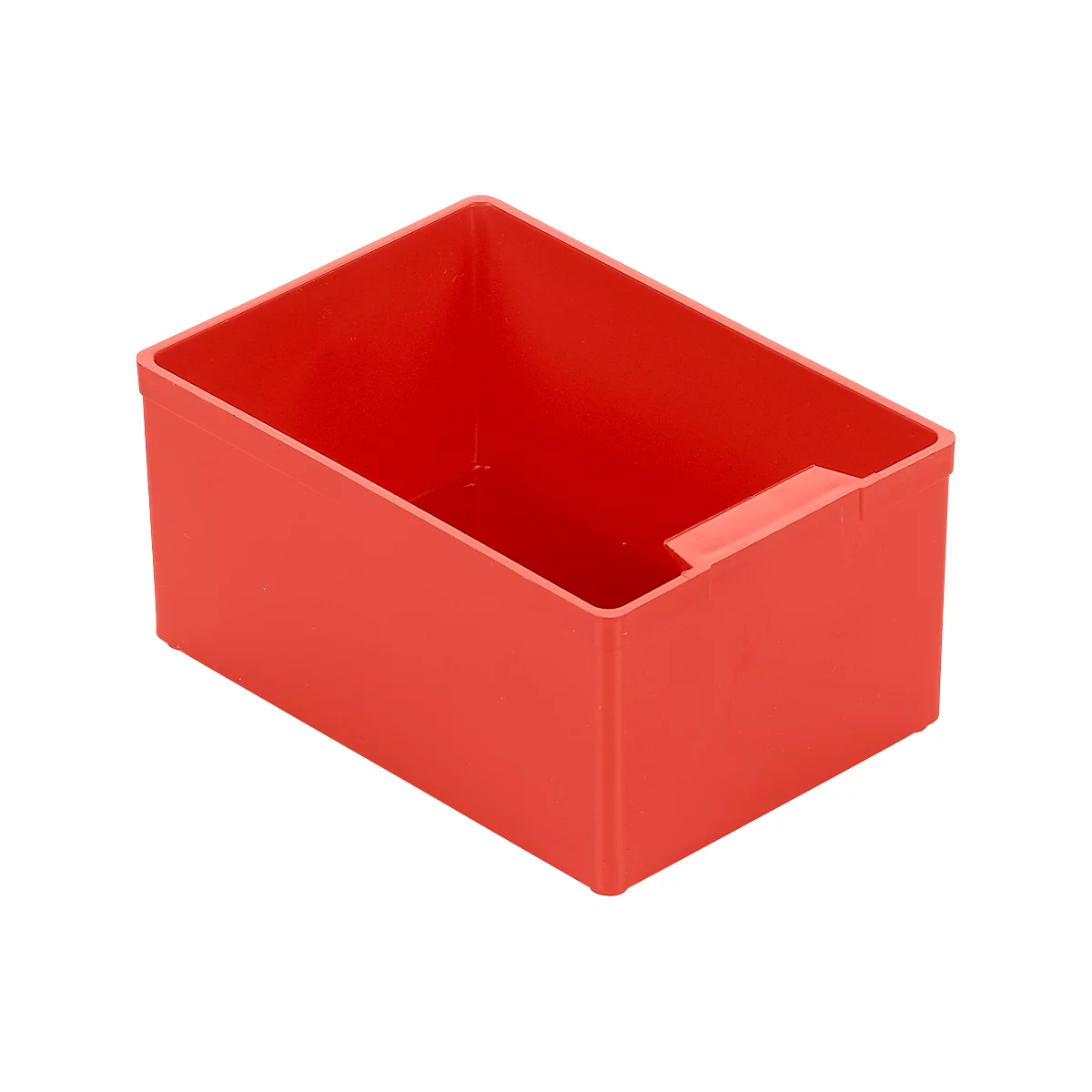 Rectangular, orange storage box with a recess on one side.