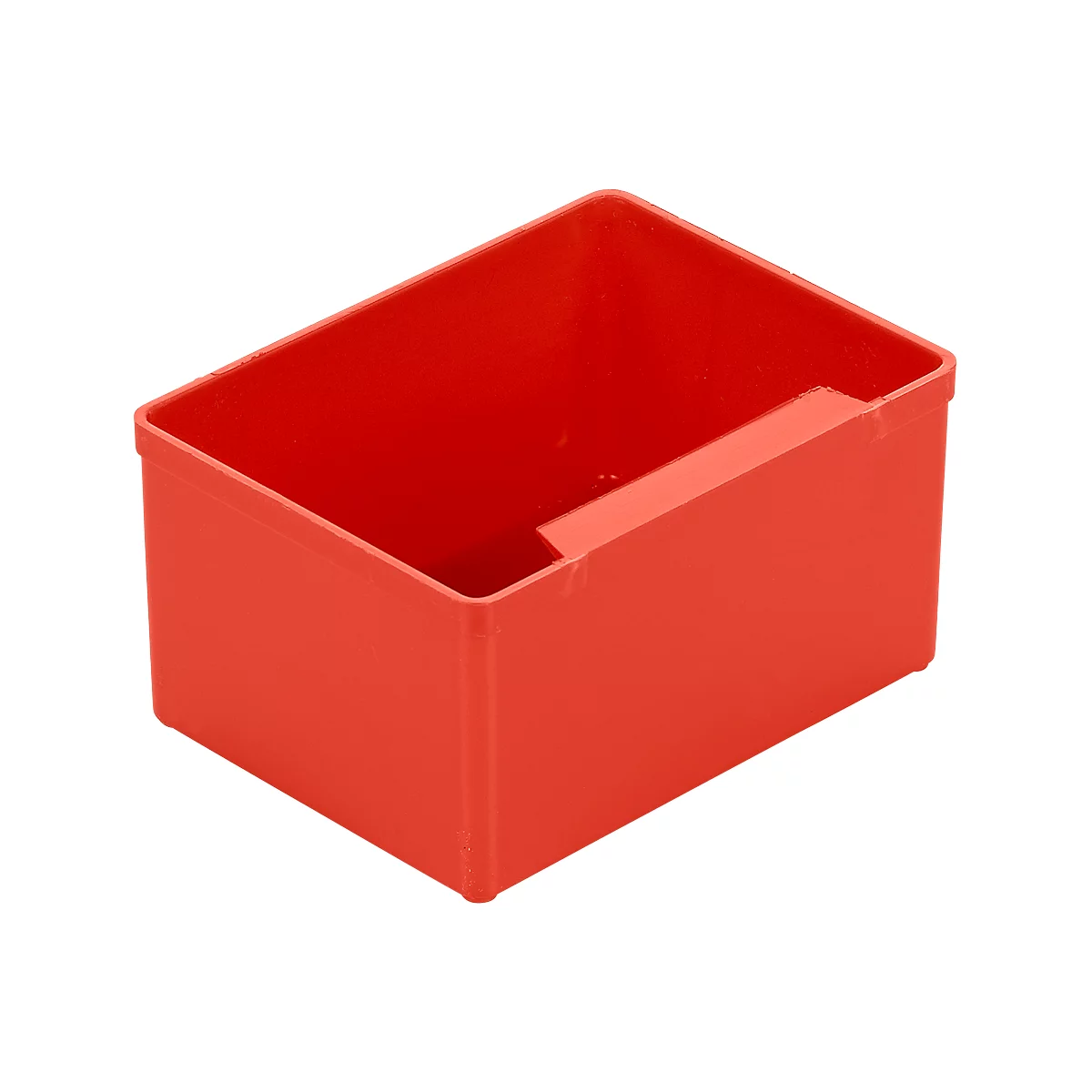 Red rectangular plastic storage box with a handle cutout on top.