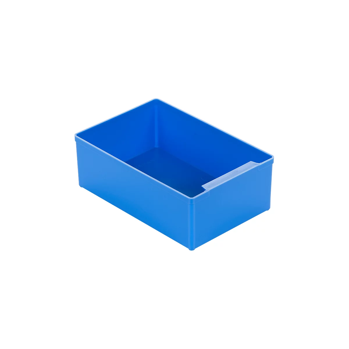 A blue, rectangular storage box with a handle. The box is empty.