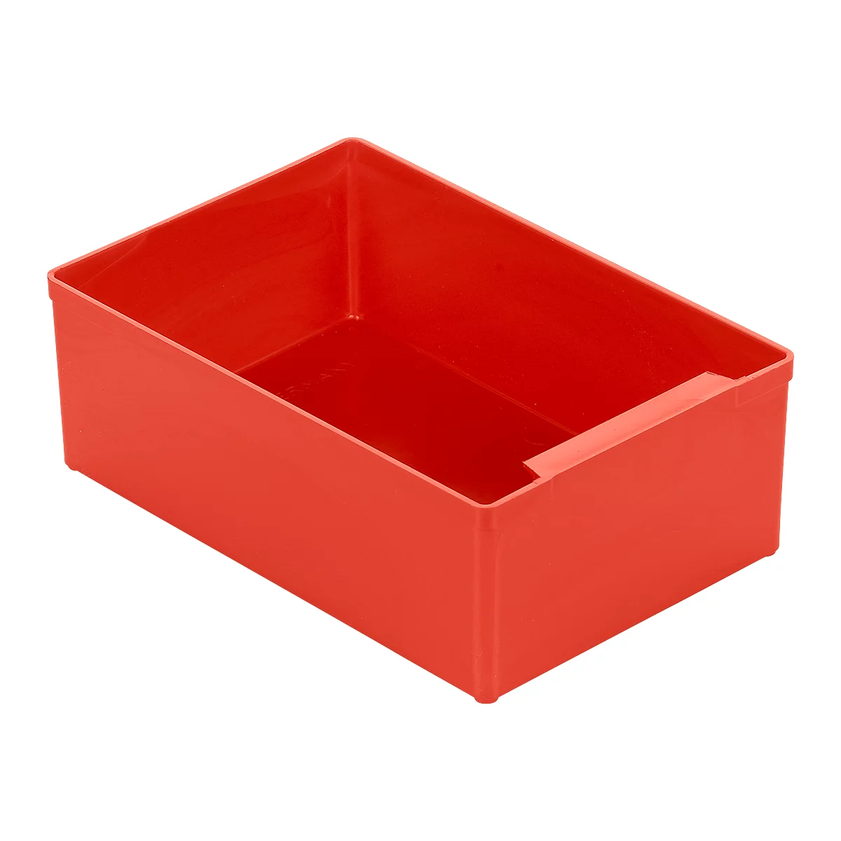 Red rectangular plastic box. A small cutout on the short side.