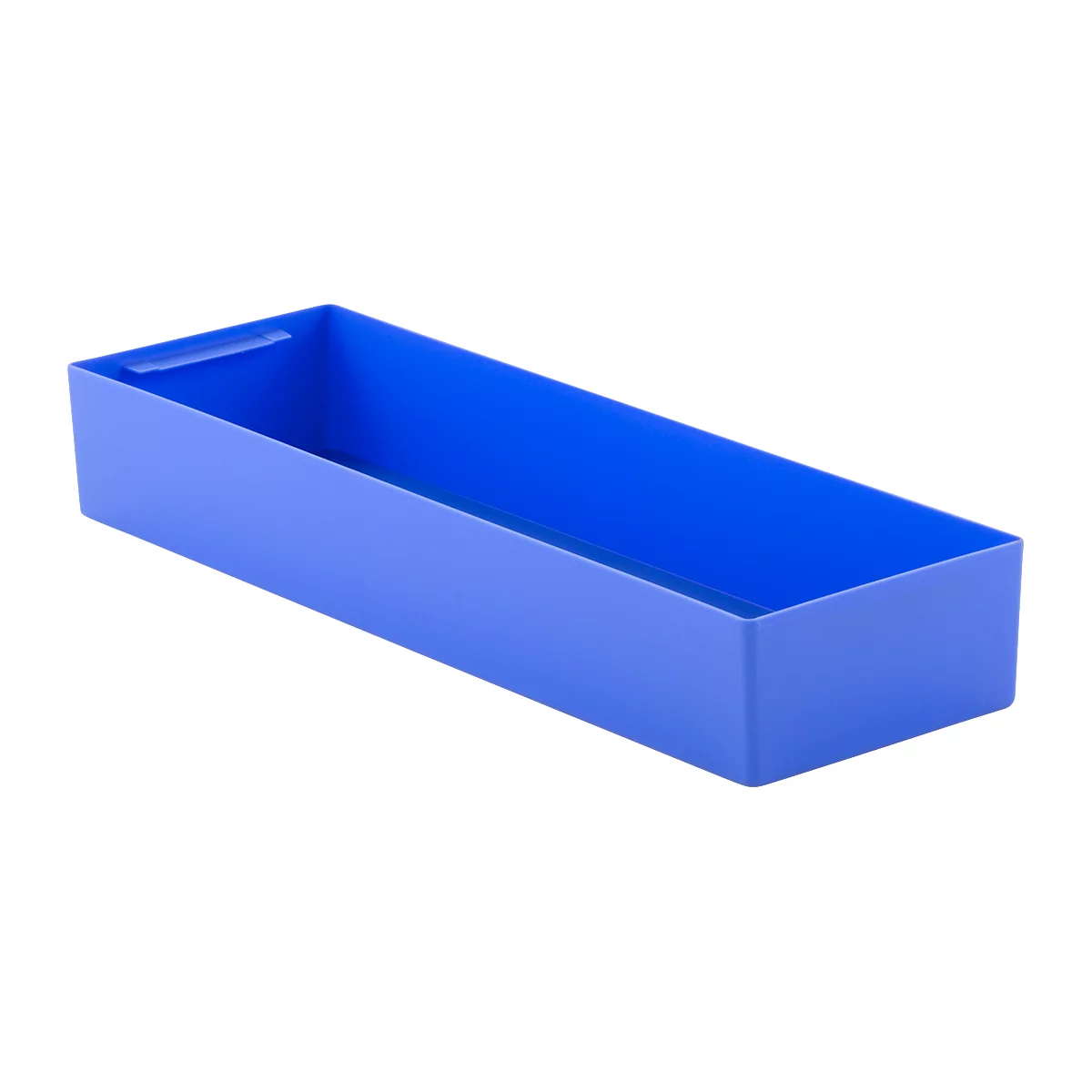 Blue rectangular tray, without content. A recessed grip on one short side.