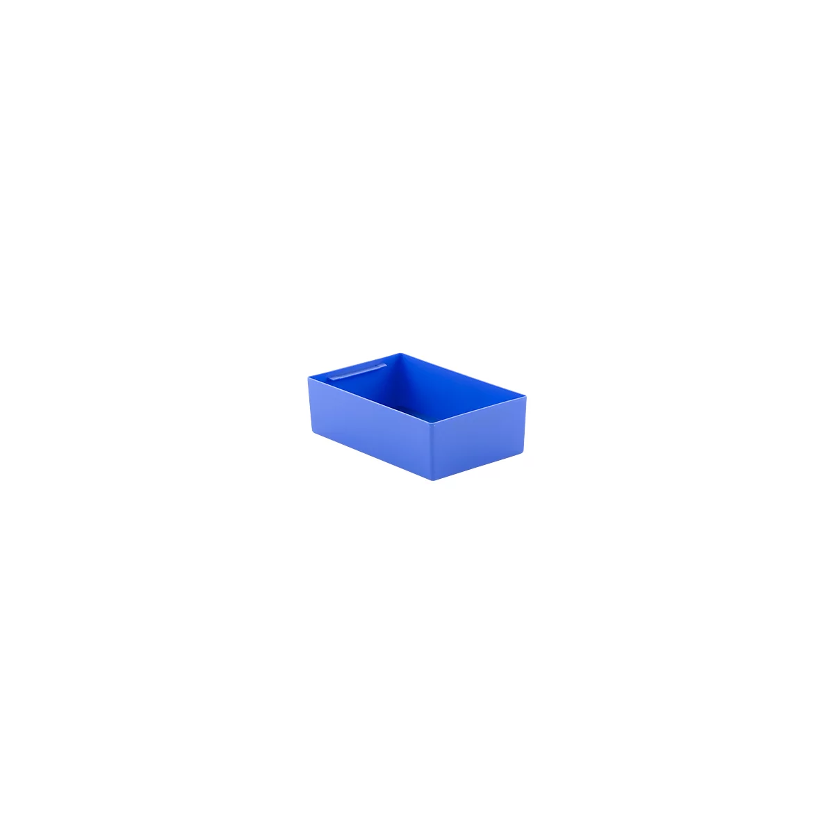 Blue, rectangular storage box with a handle on the short side.