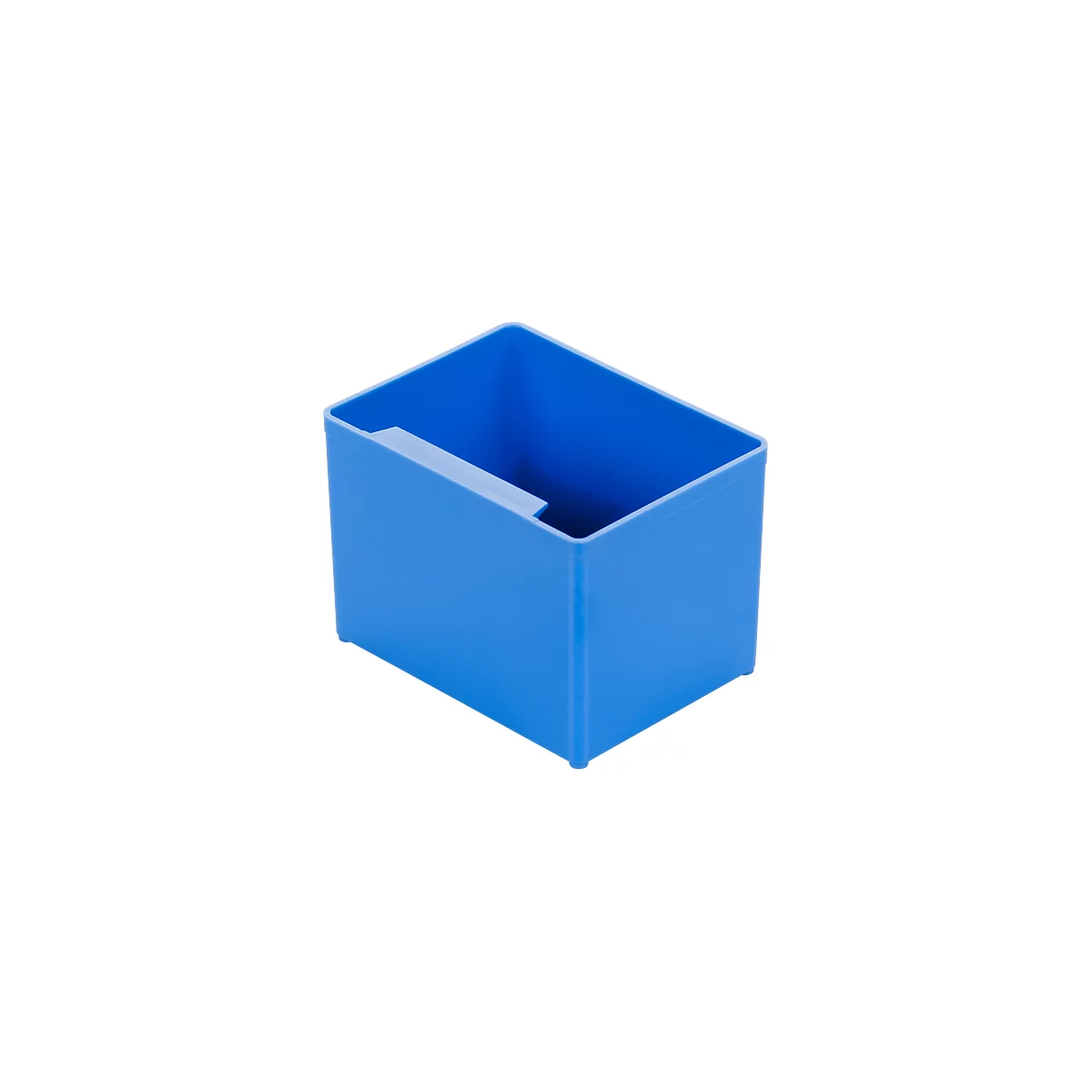 Blue rectangular box with a recess on one short side. It stands on small feet.