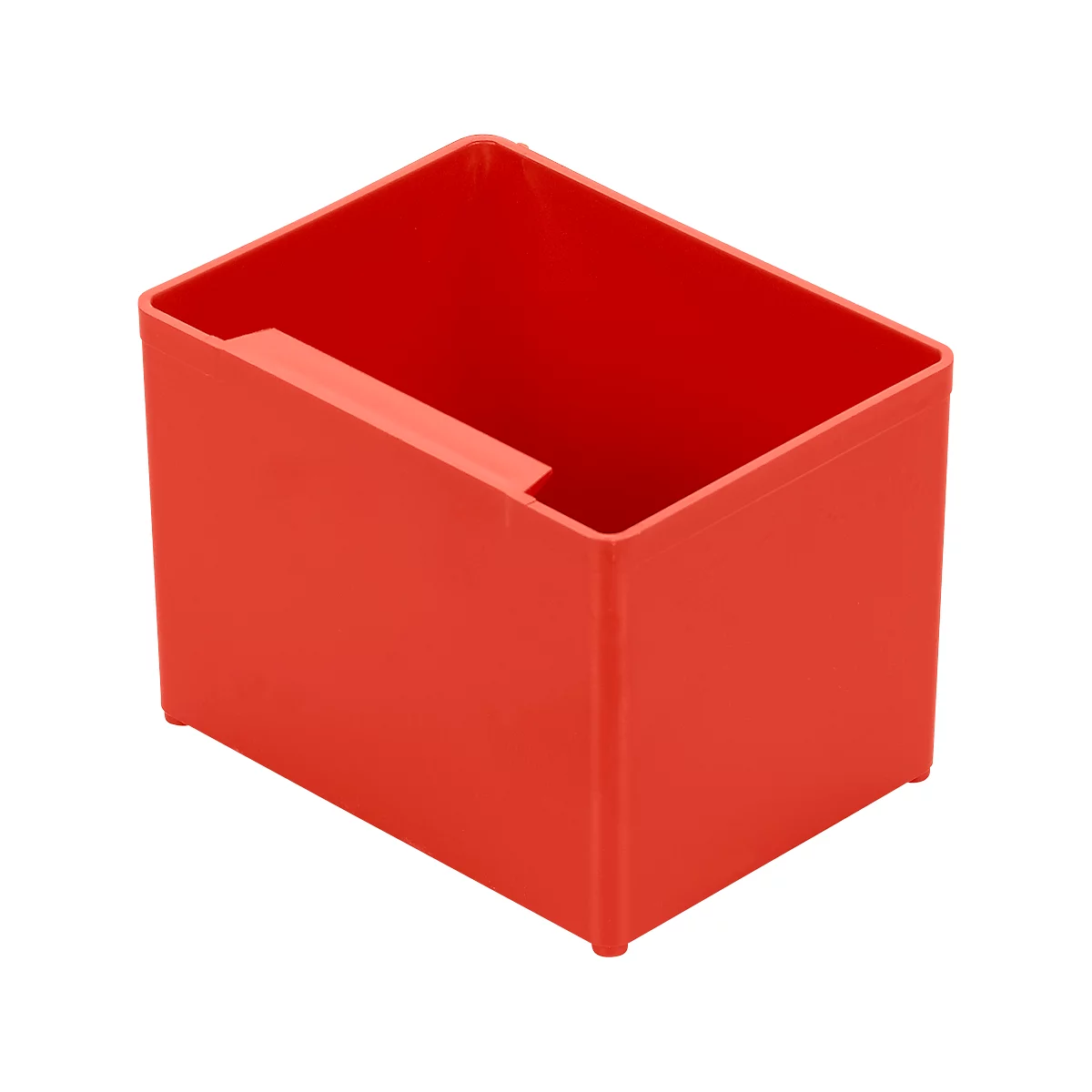 Red rectangular storage box with handle. Small feet are visible on the corners.