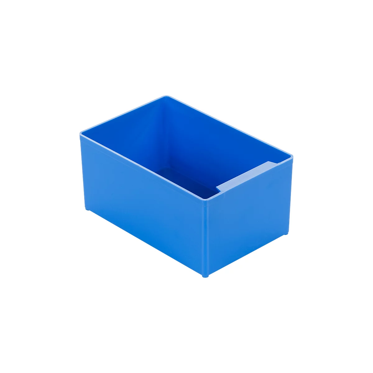Blue rectangular storage box with a handle cutout.