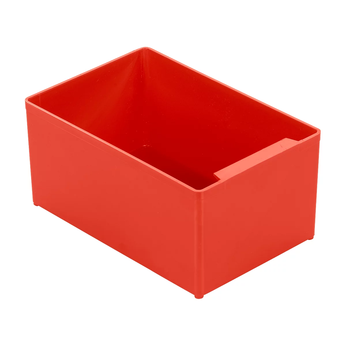 Red plastic box, rectangular shape, with a cut-out on the side. The box stands on a white surface.