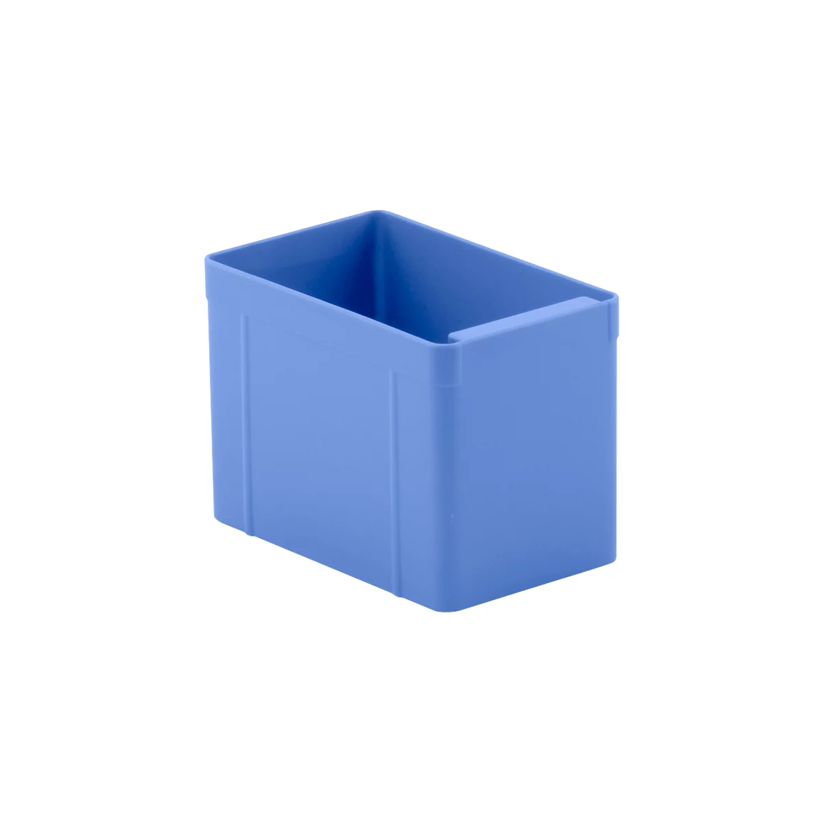 Blue plastic container. Rectangular shape, handle on one side.