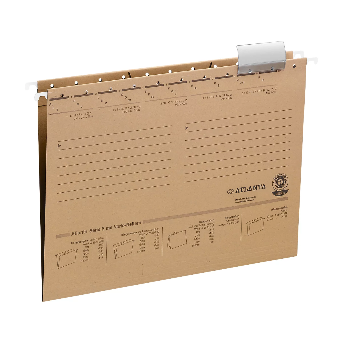 Brown cardboard hanging file, with metal clip and labeling.