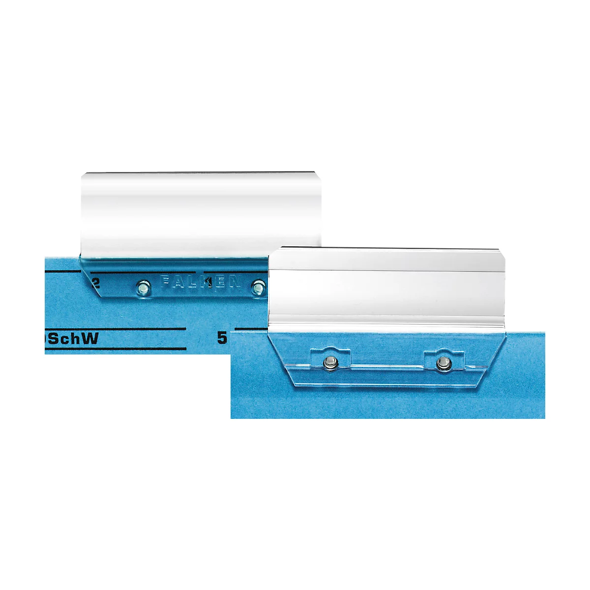 Close-up of two file folders with white label holders. Blue papers with black numbers and markings below.