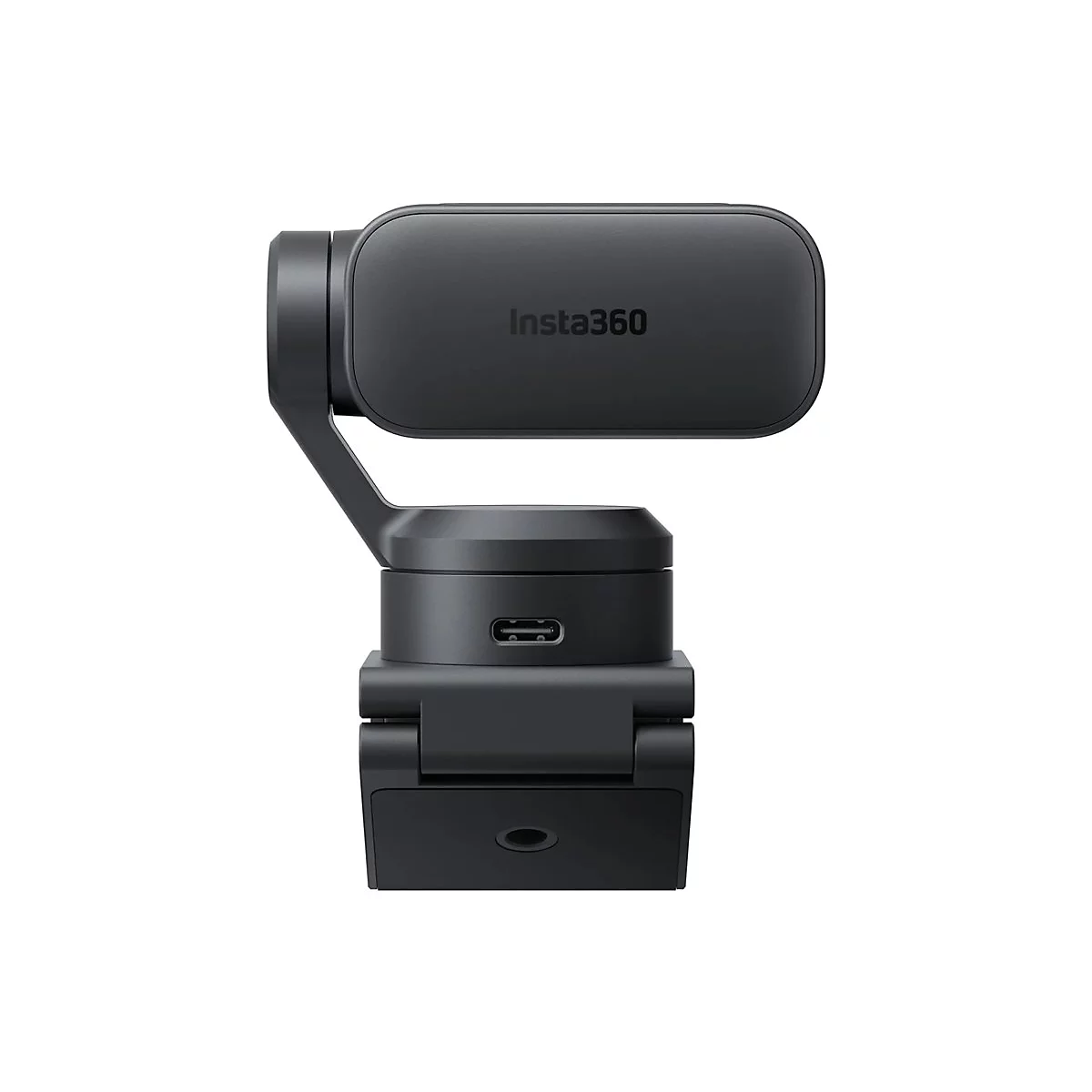 Schwarze Insta360 Webcam mit Gelenkarm vor weißem Hintergrund.