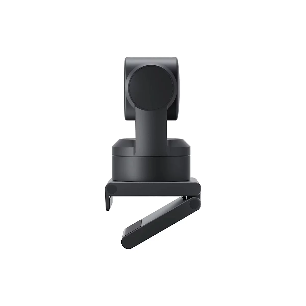 Schwarze, minimalistische Webcam mit verstellbarem Standfuß vor weißem Hintergrund.