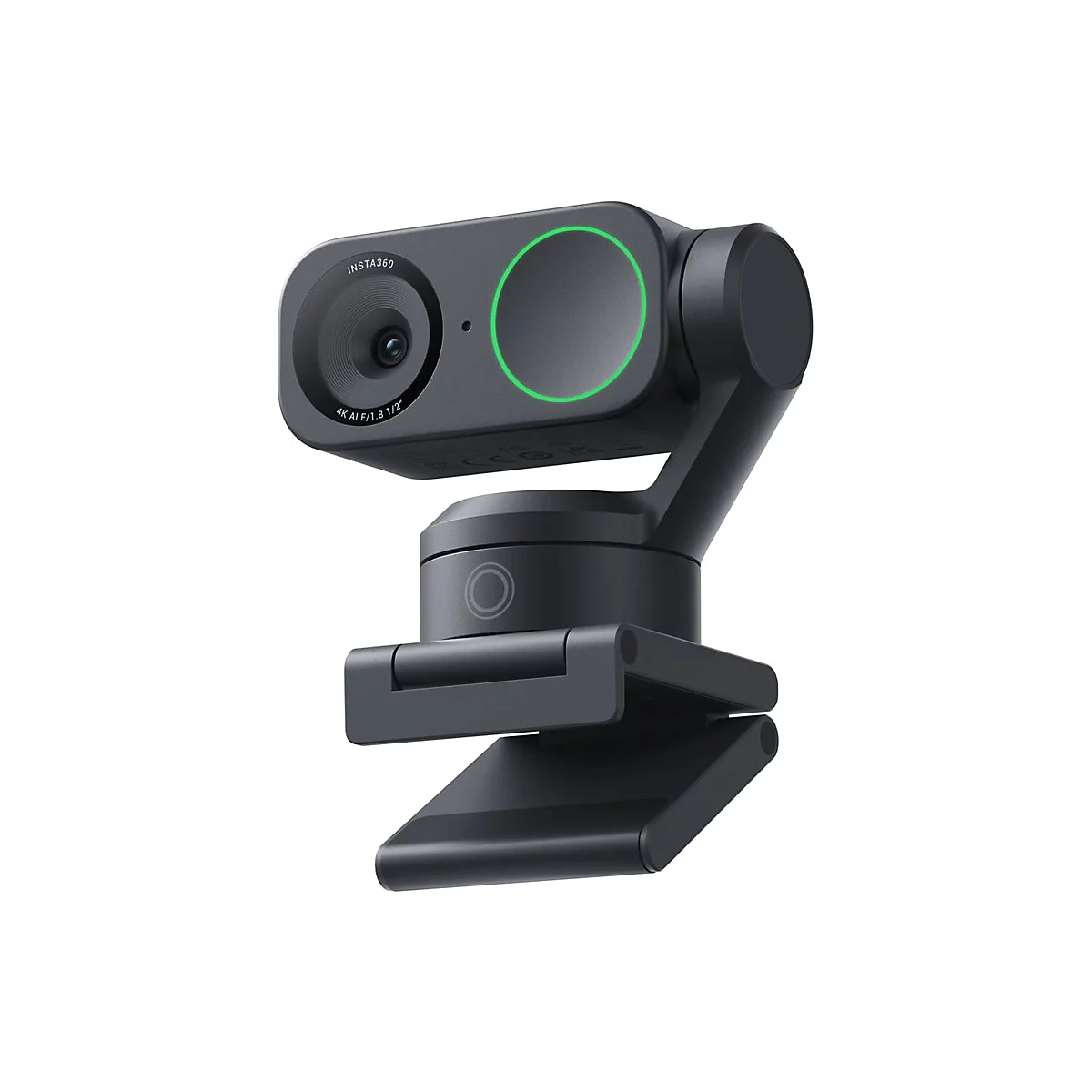 Schwarze Insta360 Webcam mit 4K-Objektiv, Gimbal und grün leuchtendem Ring auf weißem Hintergrund.