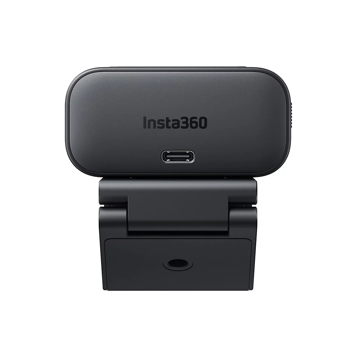 Schwarze Insta360 Webcam mit USB-C-Anschluss, frontal isoliert vor weißem Hintergrund.