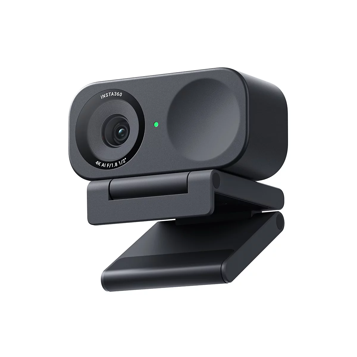 Schwarze Insta360 Webcam mit grünem Statuslicht vor weißem Hintergrund.