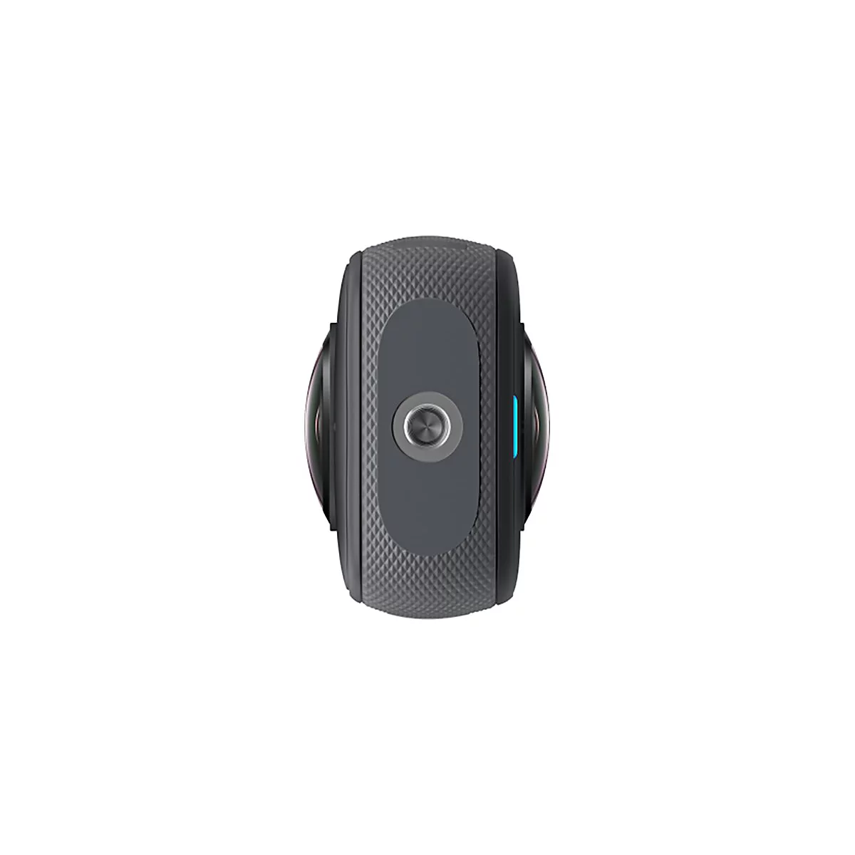 Kompakte, schwarze 360-Grad-Kamera mit strukturierter Oberfläche und seitlichem Stativgewinde.