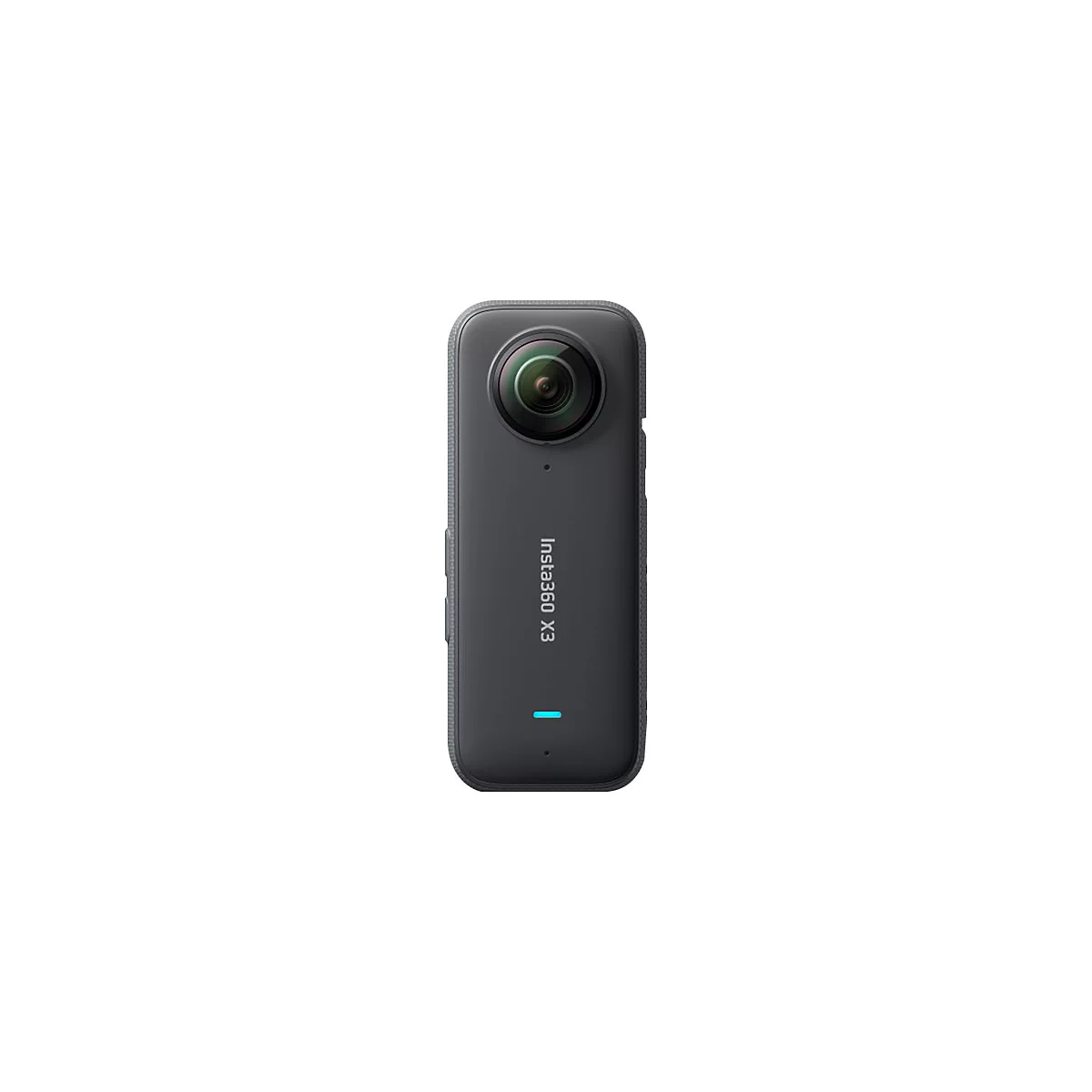 Schwarze Insta360 X3 Kamera in der Frontalansicht mit markantem Objektiv und leuchtend blauer Statusanzeige.