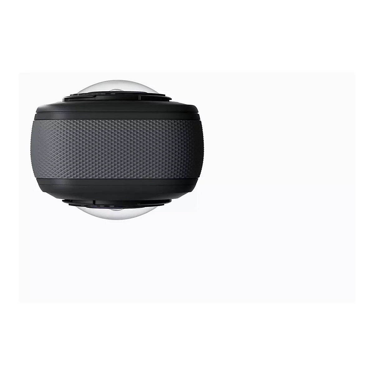 Schwarze 360-Grad-Kamera mit geriffelter Textur und zwei gewölbten Fischaugenlinsen vor weißem Hintergrund.