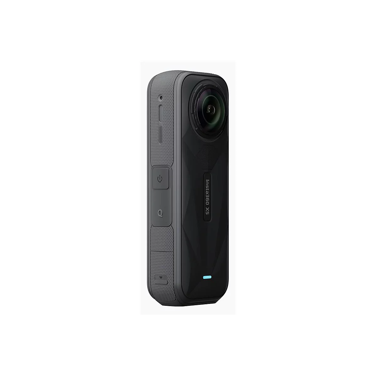 Schwarze Insta360 X5 Kamera in Seitenansicht vor weißem Hintergrund mit leuchtender LED.