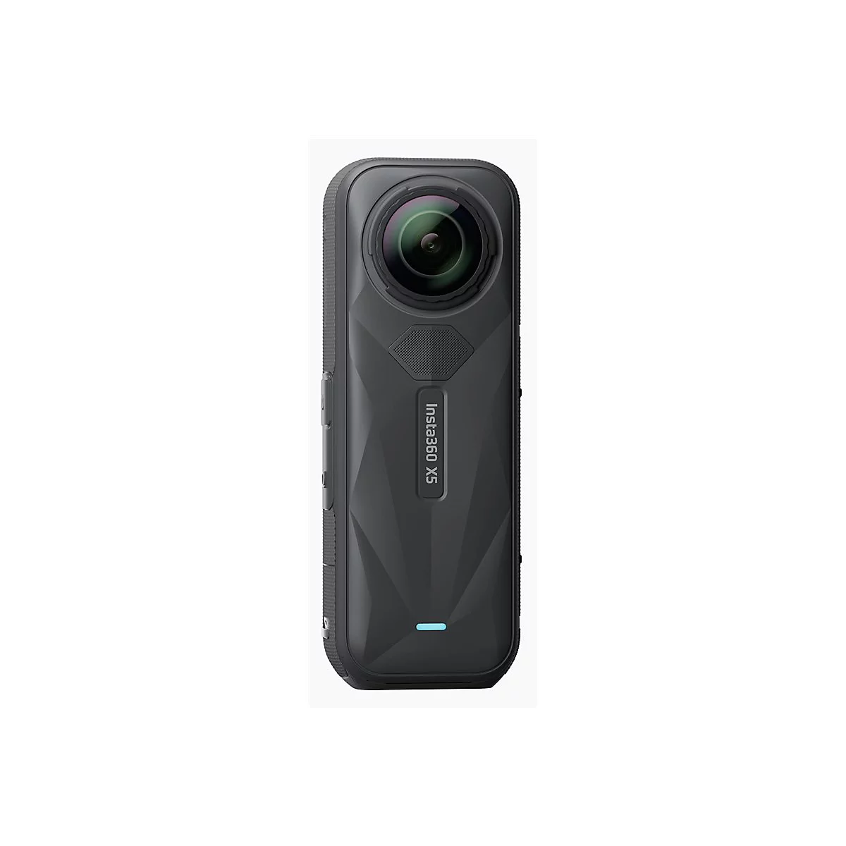 Schwarze Insta360 X5 Kamera in Frontansicht mit auffälligem Objektiv und Firmenlogo vor weißem Hintergrund.