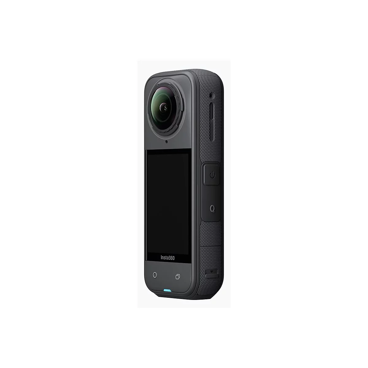 Insta360 X3 Kamera in Grau mit vertikalem Touchscreen, gewölbtem Objektiv und seitlichen Tasten auf weißem Grund.