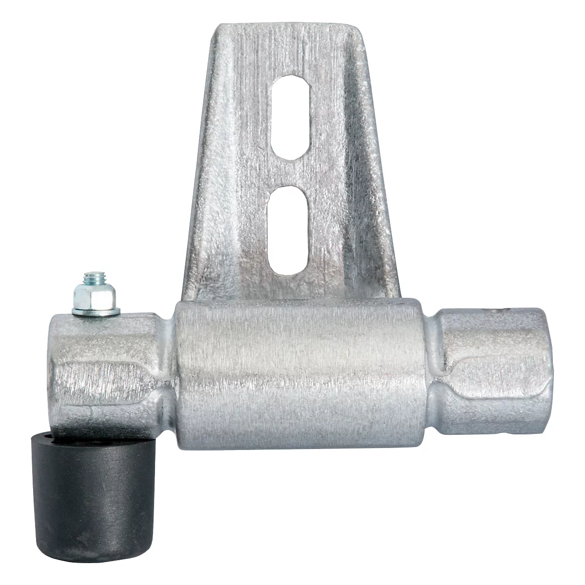 Gray metal hinge with two holes. A black rubber is attached at the end of the hinge.