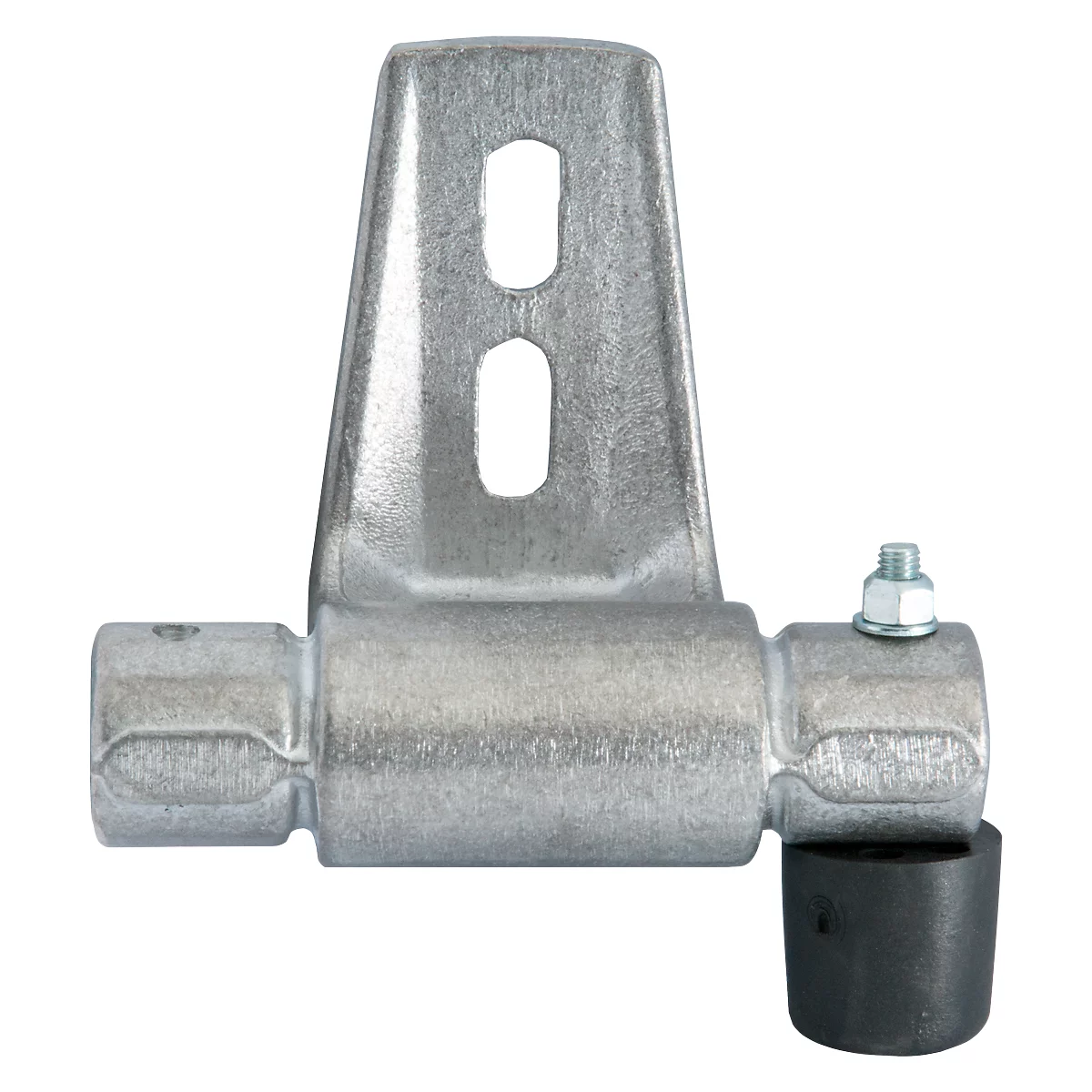 Metal angle with rubber. Two holes, a bolt with nut and a black rubber buffer.