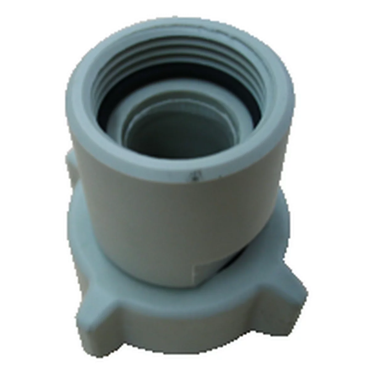 Grey plastic adapter with threads and a sealing ring. The bottom has three protrusions.