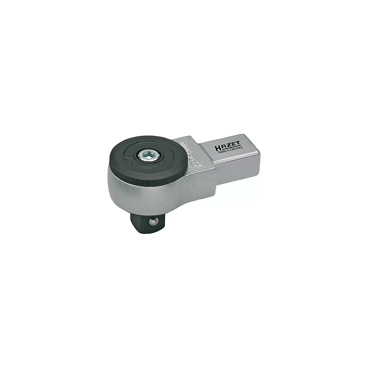Metalen ratelsleutel van Hazet, Made in Germany. Zwart wiel, zilveren behuizing, zeskantige socket.