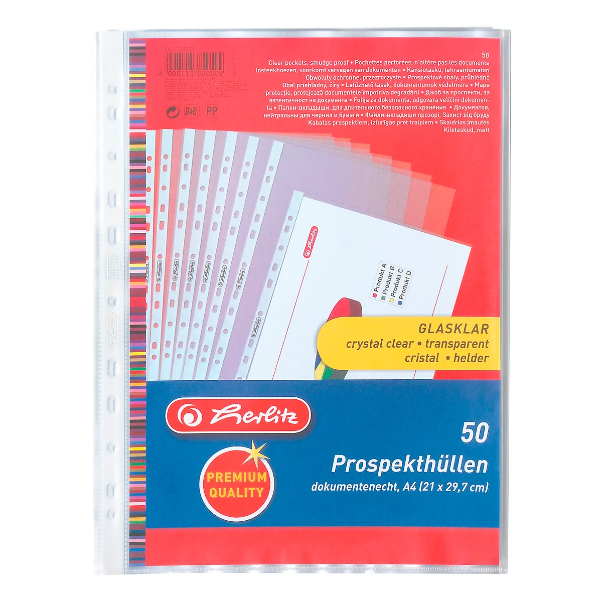 Insteekhoesje Premium, A4, PP-folie, glad, copysafe, extra sterk, 50 st.