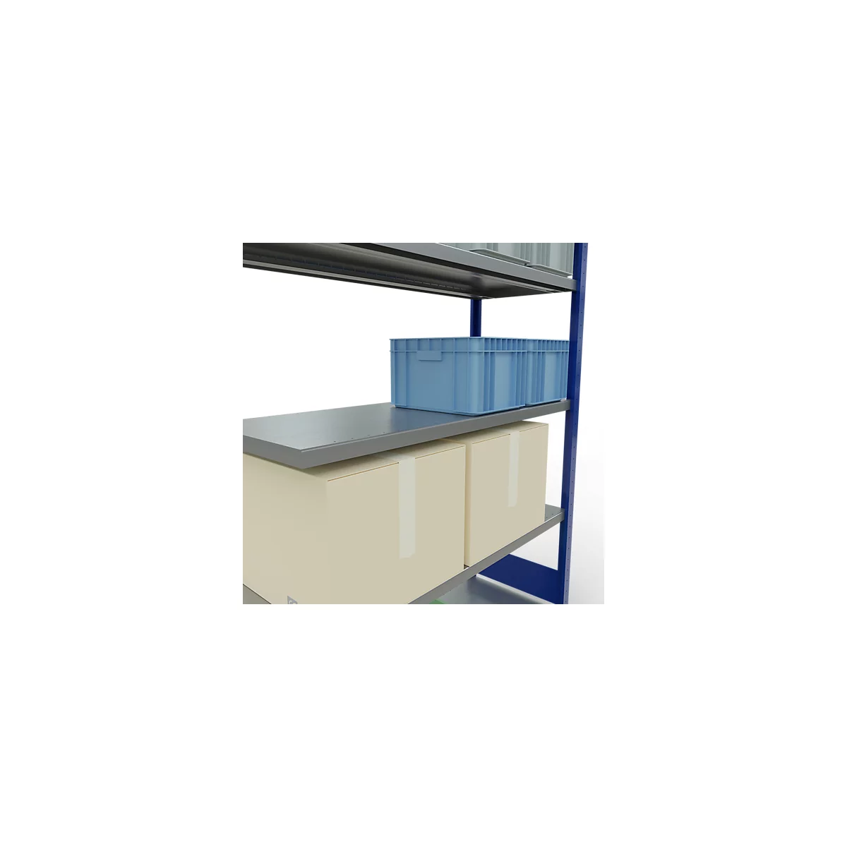 Rek met blauwe doos en kartonnen dozen.