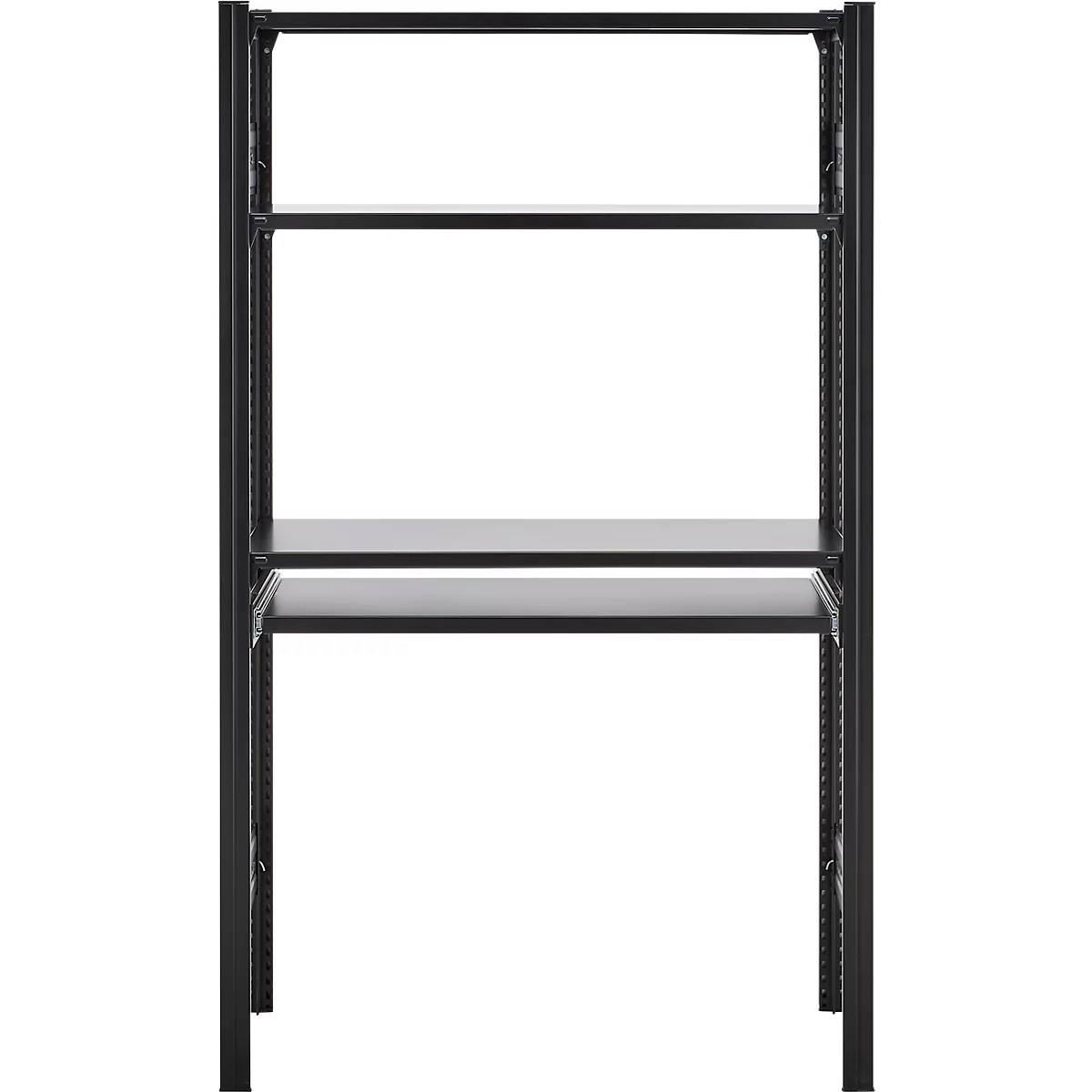 Zwart rek met drie planken, vrijstaand op een witte achtergrond.