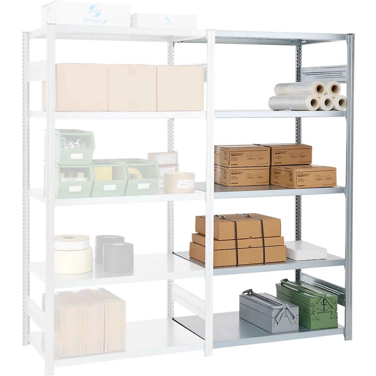 Metalen stellingkast met diverse items, waaronder dozen, rollen en bakken.