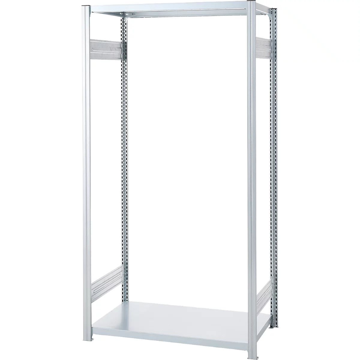 Open, zilverkleurig rek met vier verticale stijlen en een plank.