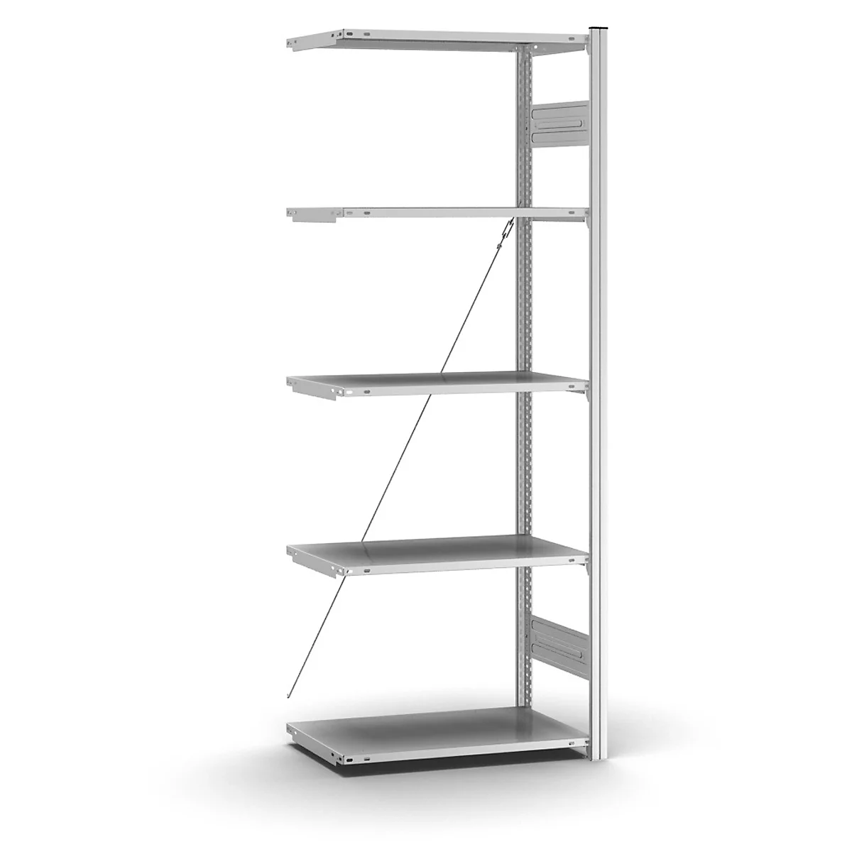 Zilveren plank met vijf planken. Draadkabels ondersteunen de planken. De achtergrond is wit.