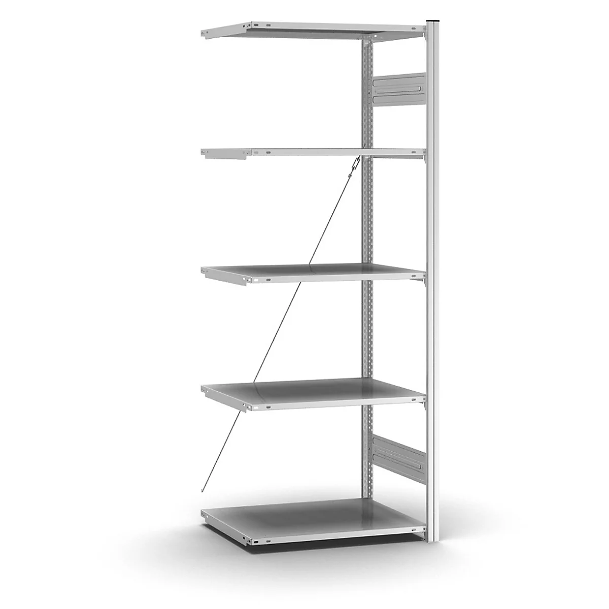 Metalen stellingkast met vijf planken tegen een witte achtergrond. Twee dunne draden ondersteunen de middelste planken.