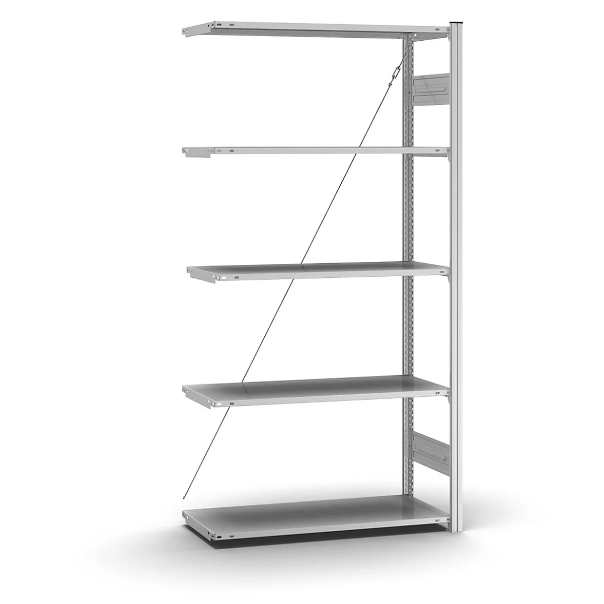 Een zilveren wandrek met vijf niveaus. Stalen kabels ondersteunen de planken. De achtergrond is wit.