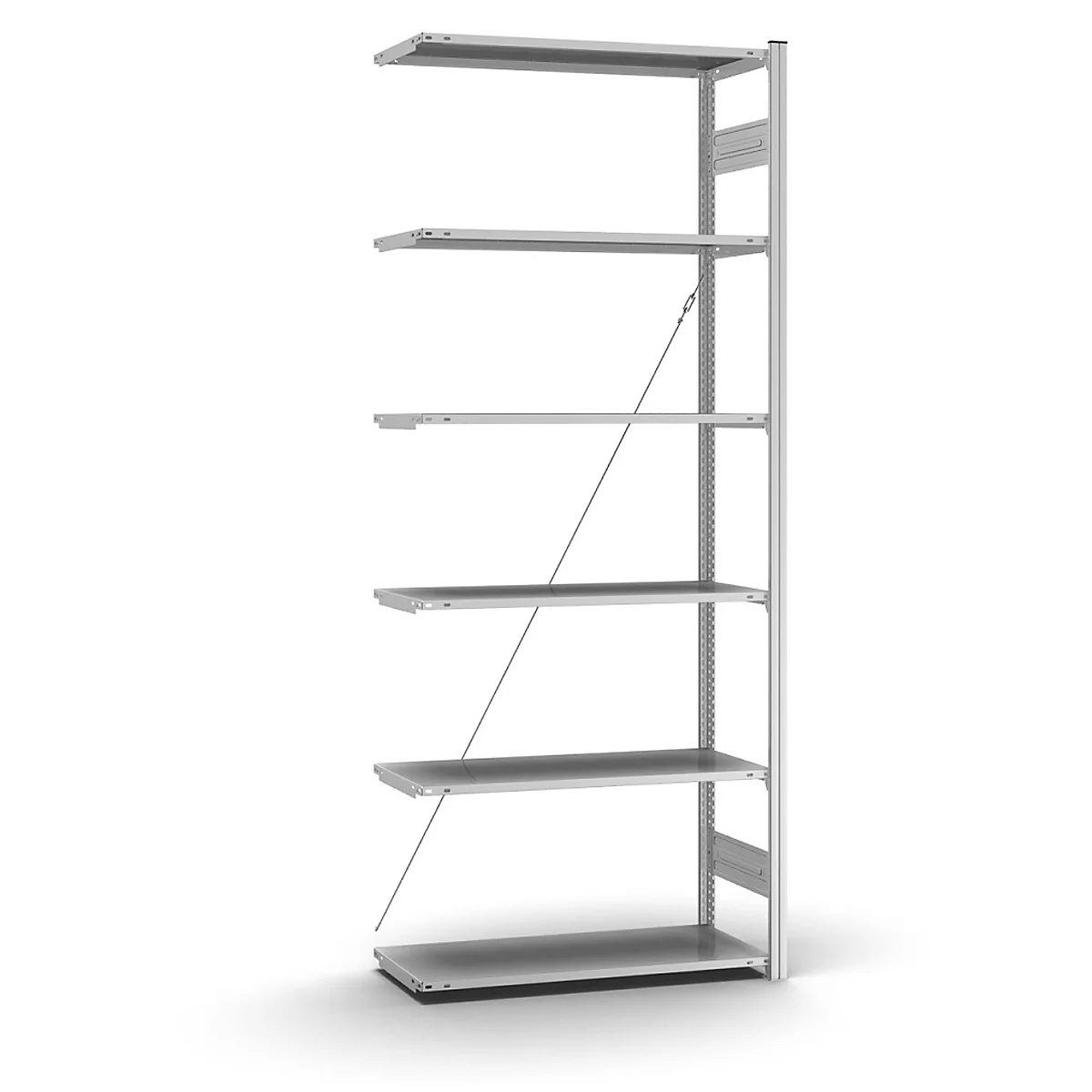 Grijs wandrek met zes planken, bevestigd aan een metalen paal. Steunbeugels op de planken.