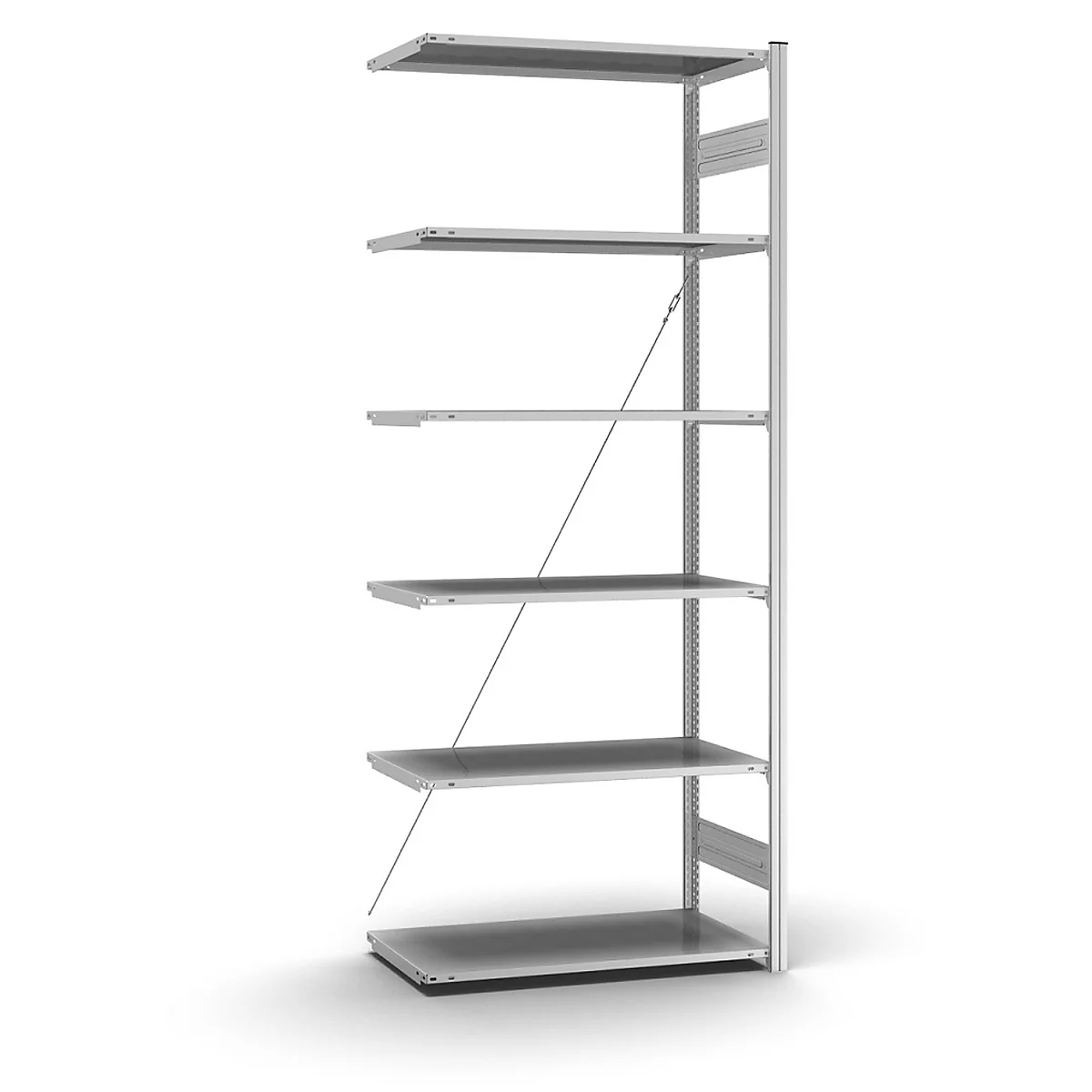 Grijs wandrek met meerdere niveaus, gestabiliseerd door metalen stutten.